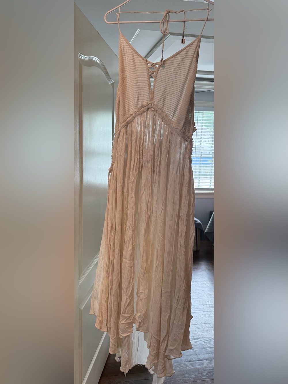 Free People Blush Beige High-Low Maxi Dress with Lace-Up Back